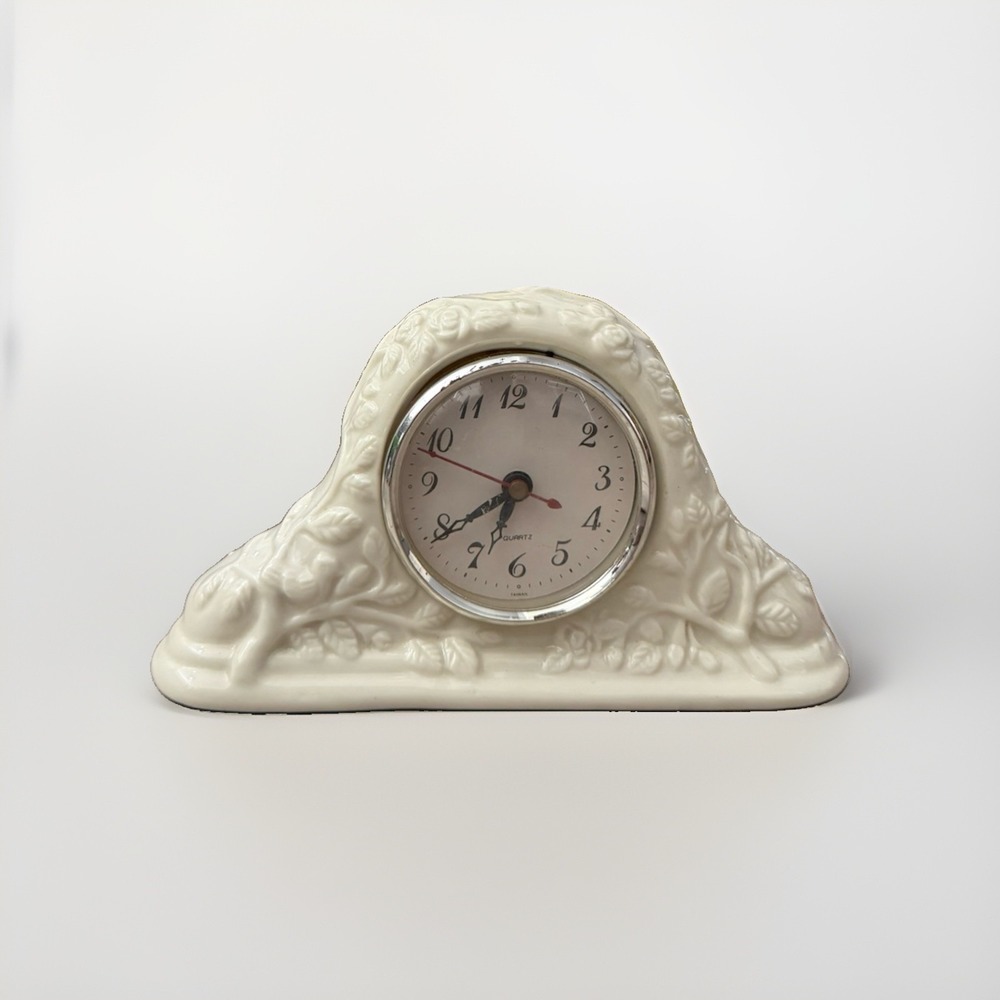 MCM Ceramic Quartz Mantel Clock Ivory Gold Trim Rose Floral Design DOES NOT WORK